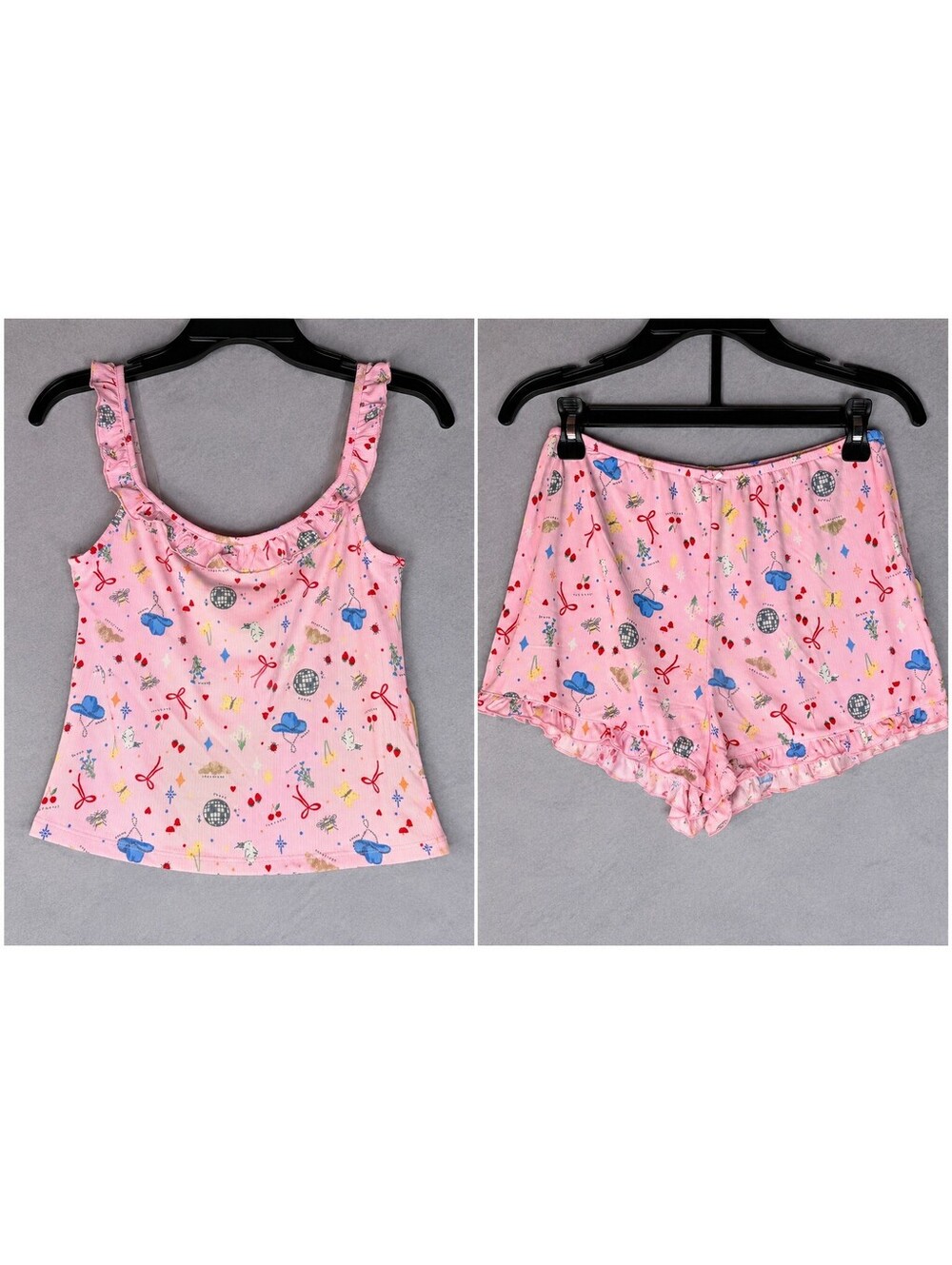 No Boundaries Womens S 4-6 2 Piece Pajama Set Pink Novelty Print Ruffle Shorts